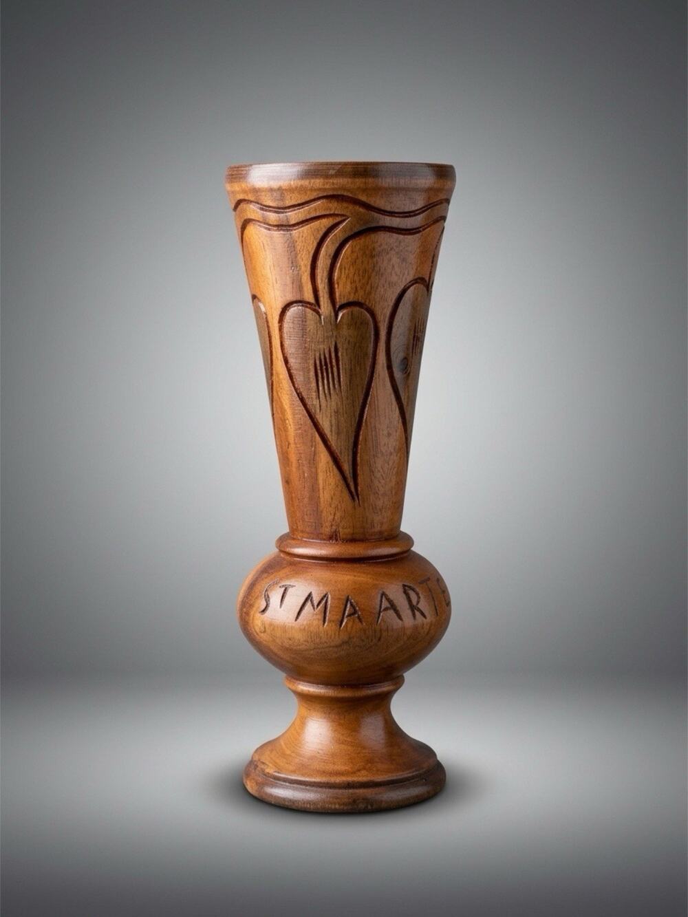 Vintage Hand Carved 9”Tall Wooden Vase Floral Designs Mahogany Falk Art